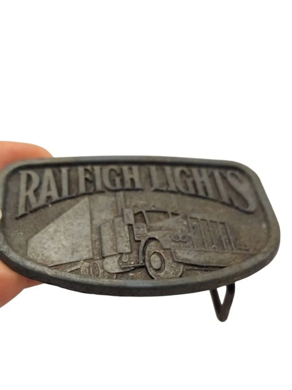 Belt Buckle Raleigh Lights Semi Truck Pewter Tone Collectible Promo 70s Vintage